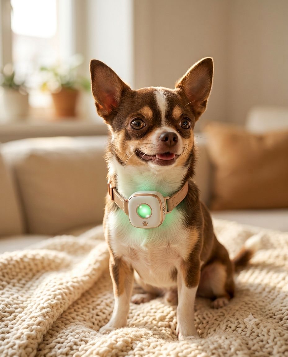 Cachorro chihuahua usando a coleira PetVoz Aura em casa